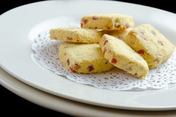 closeup of biscuits on dollie in a plage