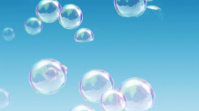 Animation flying of soap bubbles on colorful background. Animation of seamless loop.