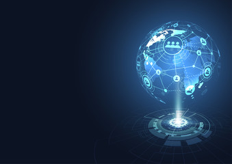 Holograms technological global network connection. World map point and line composition concept of Connection technologies for business. Mixed media. Vector background