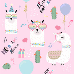 Pink hand drawn cute seamless pattern with llama, glasses,cactus,balloon and gift