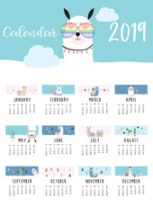 Cute monthly calendar 2019 with llama,luggage,cactus,geometrical,glasses,heart for children.Can be used for web,banner,poster,label and printable © piixypeach