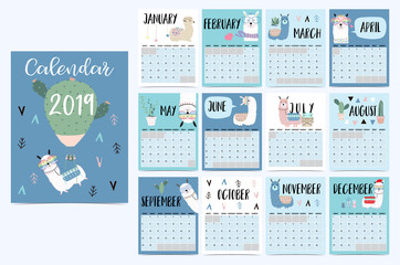 Cute monthly calendar 2019 with llama,luggage,cactus,geometrical,glasses,heart for children.Can be used for web,banner,poster,label and printable