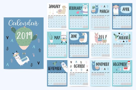 Cute monthly calendar 2019 with llama,luggage,cactus,geometrical,glasses,heart for children.Can be used for web,banner,poster,label and printable