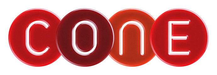 cone - text cut through multi-colored round translucent overlapping candies on white background