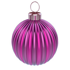 purple violet Christmas ball shiny striped metallic. New Year's Eve bauble decoration sphere hanging adornment decor. Merry Xmas party symbol. 3d rendering