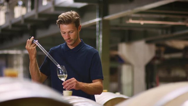 Young man testing wine in a wine factory warehouse
