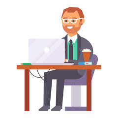 Vector flat people work place business worker person working on laptop at the table in office coworker businessman character workplace computer illustration