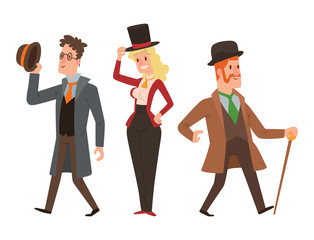 Vintage victorian cartoon gents retro people vector. Style fashion old people victorian gentleman clothing antique century character victorian gent people vintage wild west man and woman style