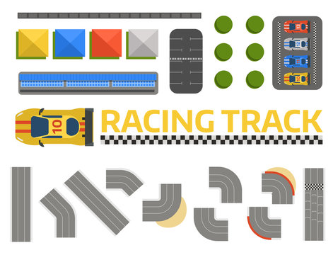 Race car sport track curve road vector. Top view of car sport competition constructor symbols. Circuit transportation tire car speedway line. Automobile highway flare formula finish