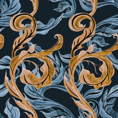 Watercolor Seamless damask wallpaper. Vintage luxury victorian ornament. Hand drawn leaves pattern, retro style, detailed illustration. Black background