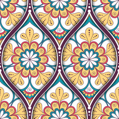 Seamless pattern with ethnic mandala ornament. Hand drawn illustration