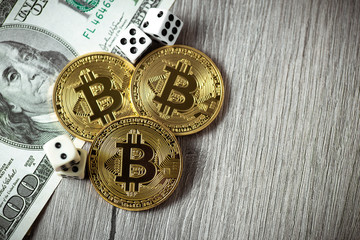 Bitcoins, dollars and dices. Cryptocurrencie gambling concept