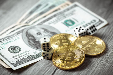 Bitcoins, dollars and dices. Cryptocurrencie gambling concept