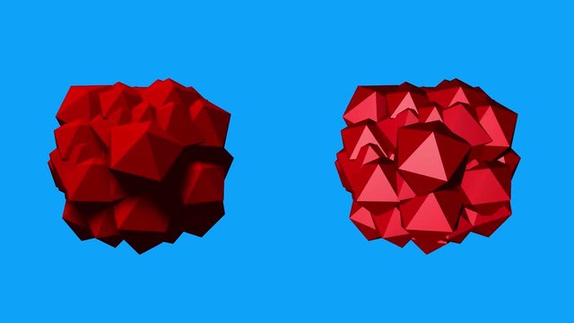 Undulating, rotating, dense glob of large icosahedrons. Seamless loop. Directional and ambient lighting versions. Transparency mask included.