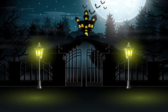 View of a haunted house with a background of full moon