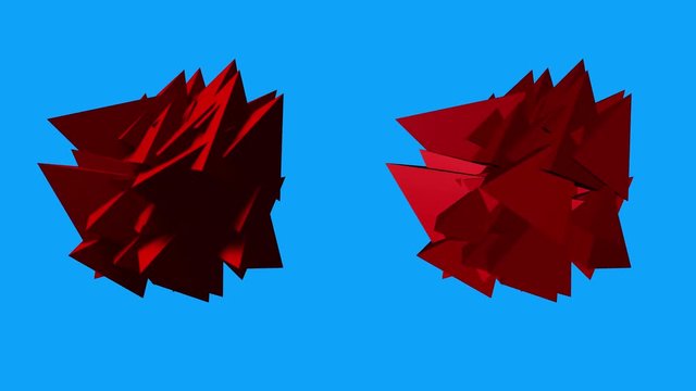 Undulating, rotating, dense glob of large tetrahedrons. Seamless loop. Directional and ambient lighting versions. Transparency mask included.