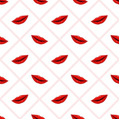 Seamless pattern red lips on striped background