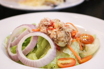 Close up of Tuna spicy salad in the restaurant.