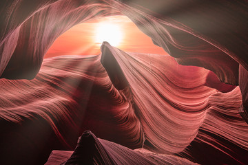 Sunset with sun rays on the Antelope Canyon in Page Arizona