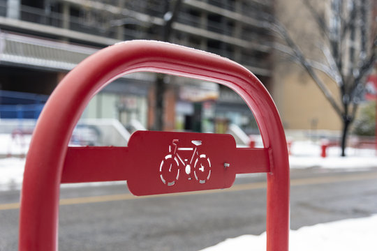 Red Bicycle Rack In City