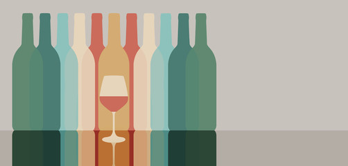 Colorful silhouettes of wine bottles are seen with one glass of wine. Muted colors.
