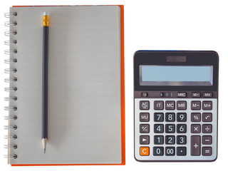 Note book with pencil and calculator.