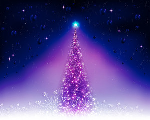 Christmas card with a shiny blue tree.