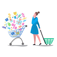 Sale. Discounts. The woman thought. A woman makes a choice of gifts in the store