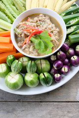 Thai food, Fried mackerel with shrimp paste sauce and vegetable.