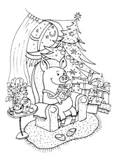 Lucky Pig. Black outline coloring book. 2019 Chinese New Year of the Pig. Christmas greeting card. Handmade illustration, piggy unpacks gifts under the Christmas tree. Christmas card, poster, calen