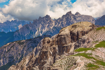 High peaks of Dolomites in Tre Cime di Lavaredo Natural park, Italy
