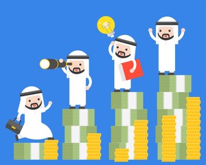 Different Arab businessman and super businessman stand on stack of money, step of successful concept about vision, innovation