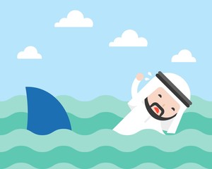 Arab Businessman swimming to escape shark, flat design