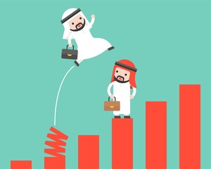 Arab Businessman jumping from spring chart, shortcut key to success competitive concept