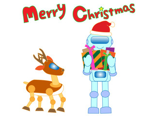 クリスマスに人工知能を持っているロボットのサンタクロースとトナカイが、プレゼントを配っている。
