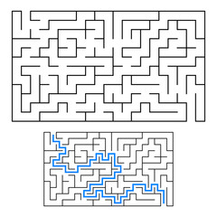 Abstract rectangular labyrinth. An interesting and useful game for children. With the entrance and exit. Simple flat vector illustration isolated on white background. With the answer.