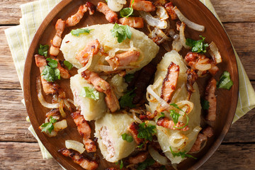 Cepelinai dumplings are made from grated and riced potatoes and stuffed with ground meat. National dish of Lithuania. horizontal top view © FomaA