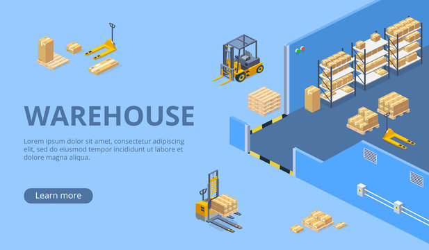 Industrial warehouse, distribution or delivery company isometric vector web banner, landing page with hydraulic machines, parcels or cargo on pallets and racks in storehouse. Business logistic service