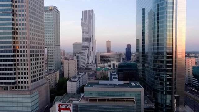 Corporate infrastructure city centre buildings of Warsaw, Poland at golden hour (Rondo 1 and Zlota 44)
(drone shot)