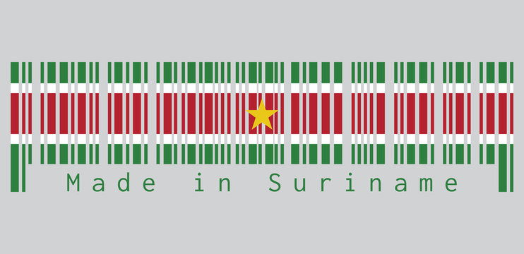 Barcode set the color of Surinamer flag, green and red with large white border with the large yellow star centered on the red band. text: Made in Suriname, concept of sale or business.