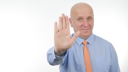 Businessperson Smile and Make Stop Hand Gestures 