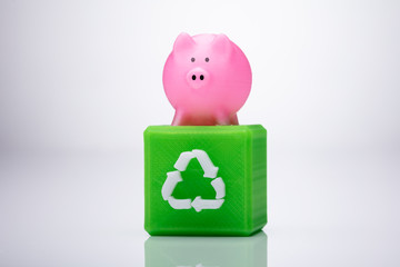 Pink Piggybank Over Cubic Block With Recycle Symbol