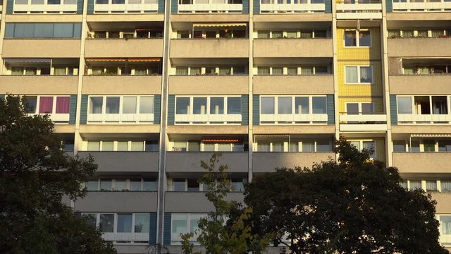 Balconies of old concrete blocks in east Berlin Friedrichshain, Germany