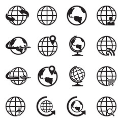Earth Globe Icons. Black Flat Design. Vector Illustration.