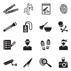 Crime Scene Icons. Black Flat Design. Vector Illustration.