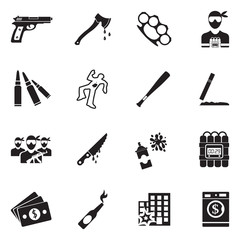 Crime Icons. Black Flat Design. Vector Illustration. 