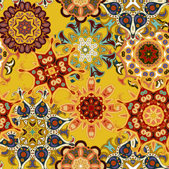 Seamless multicolor pattern with oriental mandalas. Islam, Arabic, Asian motifs. Kaleidoscope elements. Vintage lace mood. Fabric, wallpaper or wrap print