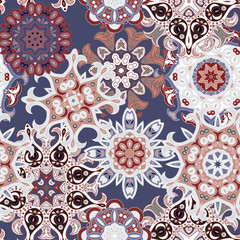 Seamless multicolor pattern with oriental mandalas. Islam, Arabic, Asian motifs. Kaleidoscope elements. Vintage lace mood. Fabric, wallpaper or wrap print