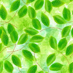A seamless pattern of green leaves and branches on a green background, a vibrant repeat print