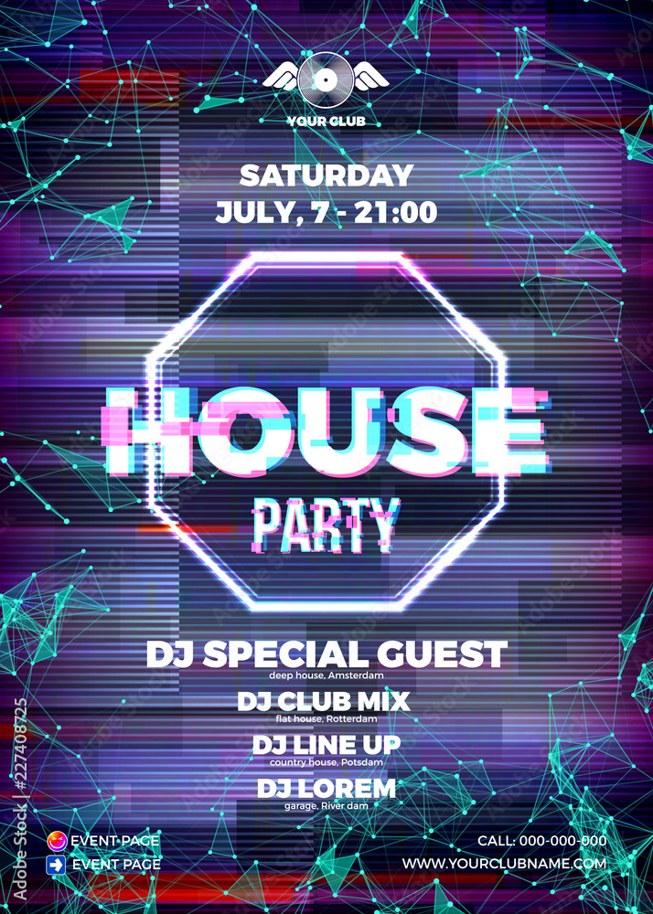 Poster Glitch party poster with red background and hexagon for techno r